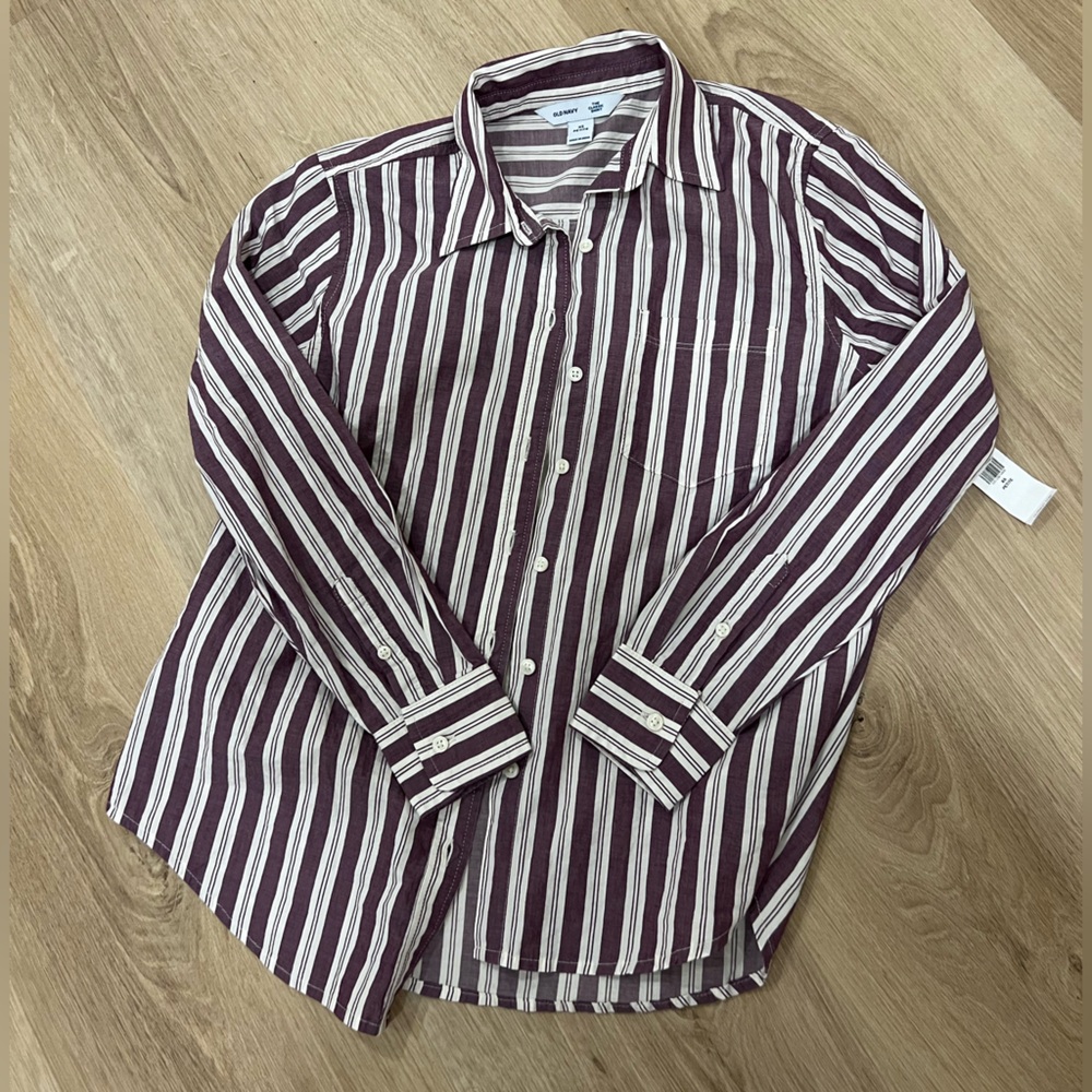 Old Navy Maroon and White Striped Women's Button Down Shirt
